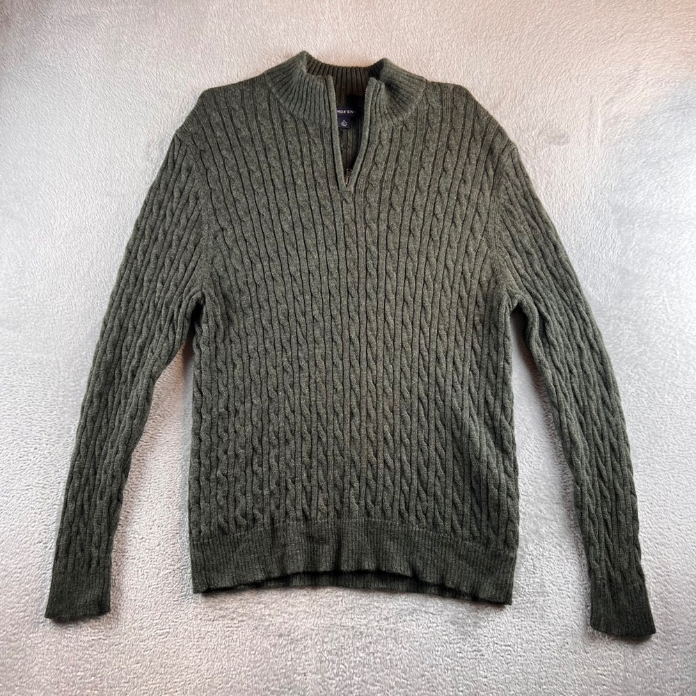 Lands End Mens XL Olive Green 100% Wool Cable Knit Quarter Zip Sweater 276876